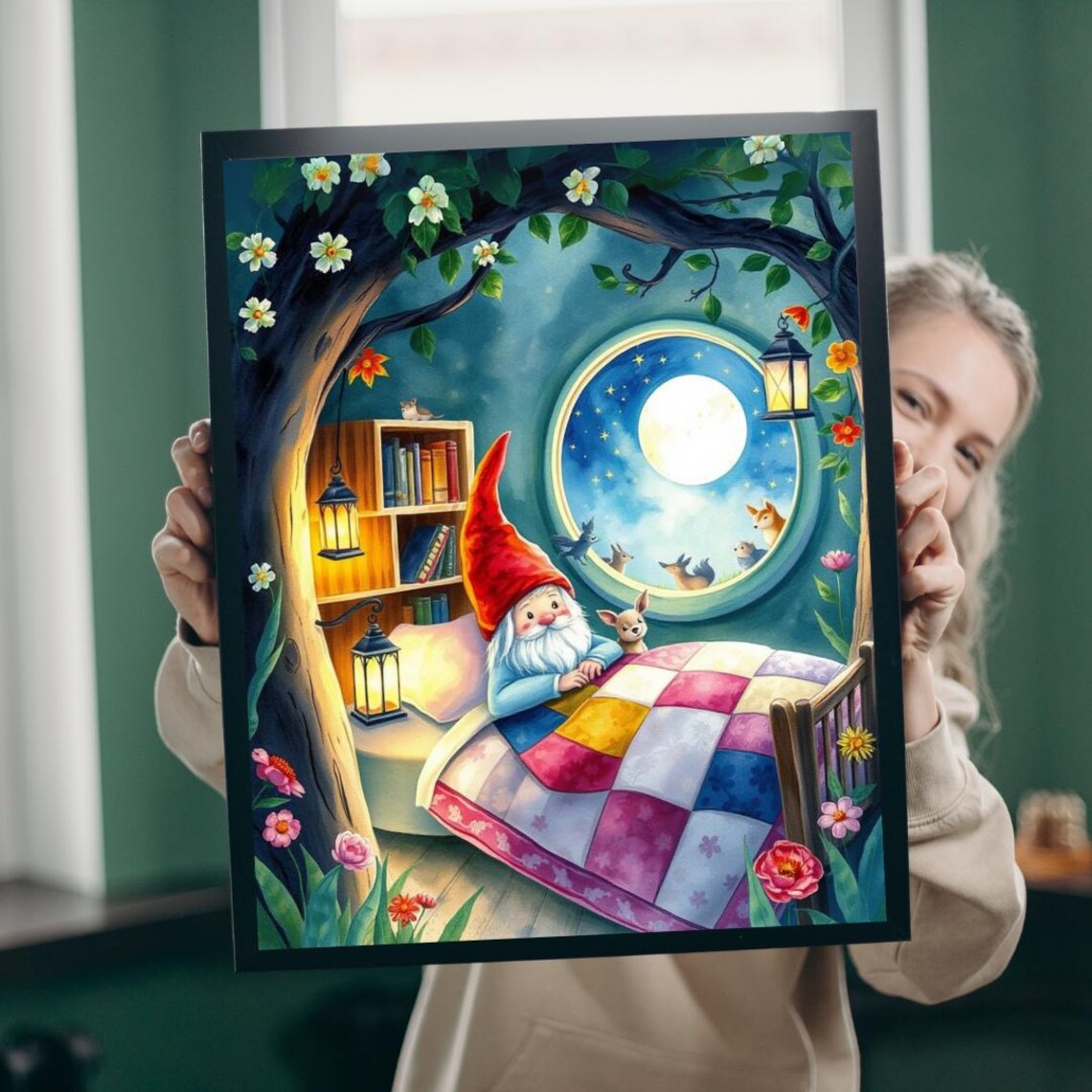 Gnome Sleeping In Moonlit Treehouse Bedroom With Deer And Lanterns Poster