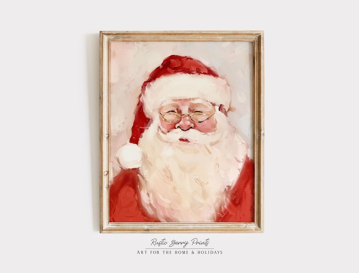Santa Claus Portrait Round Glasses Red Hat Cream Soft Christmas Poster