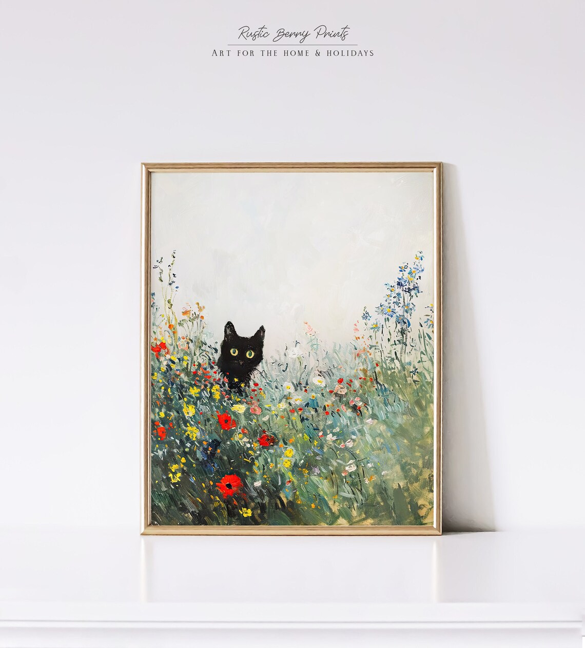 Black Cat Peeking Through Wildflower Meadow Vintage Impressionist Poster