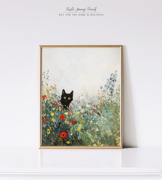 Black Cat Peeking Through Wildflower Meadow Vintage Impressionist Poster