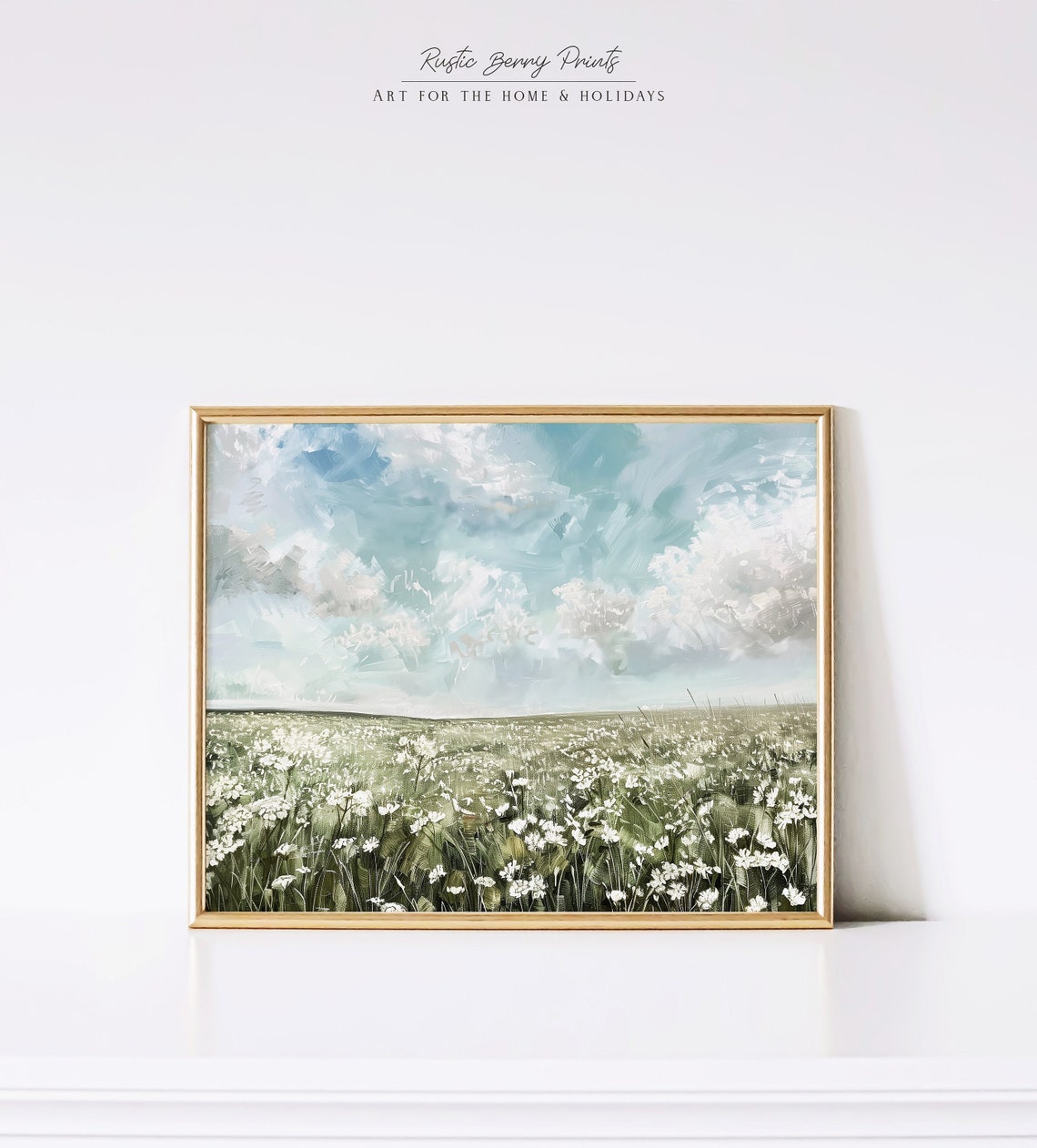 White Flower Meadow Under Blue Sky Vintage Cottagecore Nature Print