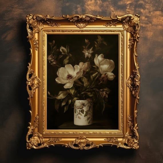 Flowers In Toilet Paper Dark Bathroom Decor Floral Bath Wall Art Vintage Painting Moody Print