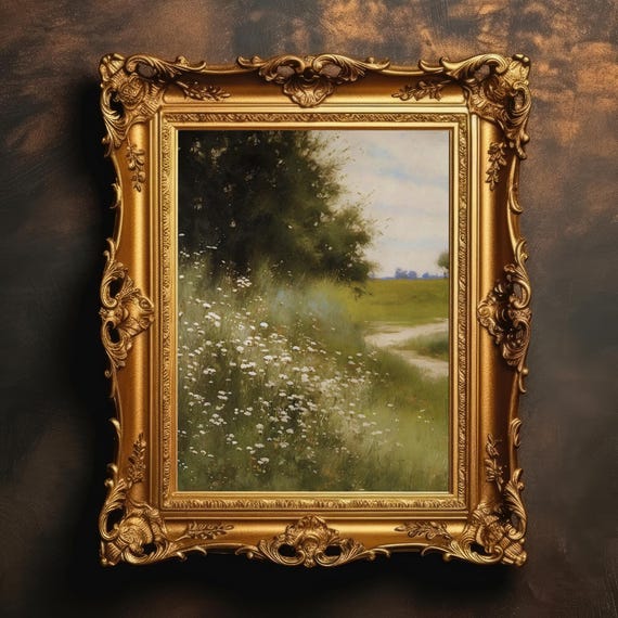 Whispers Of Summer Vintage Green Grass Oil Painting Field Artwork Moody Wall Art Muted Print