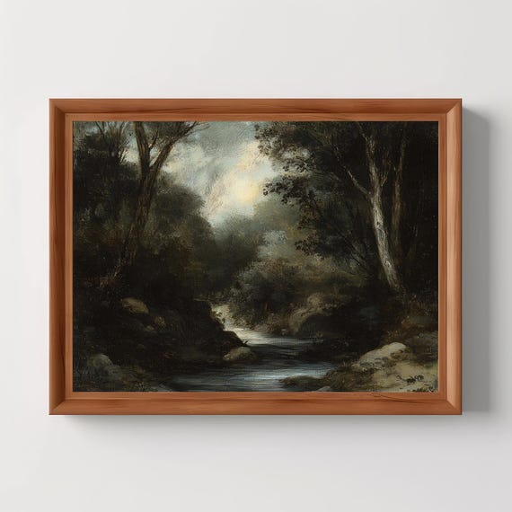 Dark Green Forest Muted Vintage Landscape Moody Art Print Wall Nature River Painting