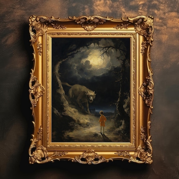 Wolf and Child Moonlit Forest Vintage Oil Painting Wall Print