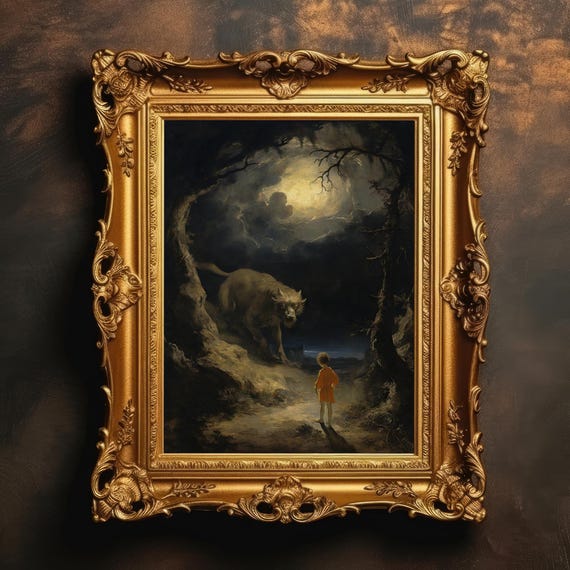 Wolf And Child Print Vintage Oil Painting Classical Realism Dark Academia Moody Wall Art Gothic Decor