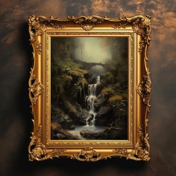 Bridge Over Waterfall Vintage Forest Landscape Painting Antique Wall Art Moody Home Decor