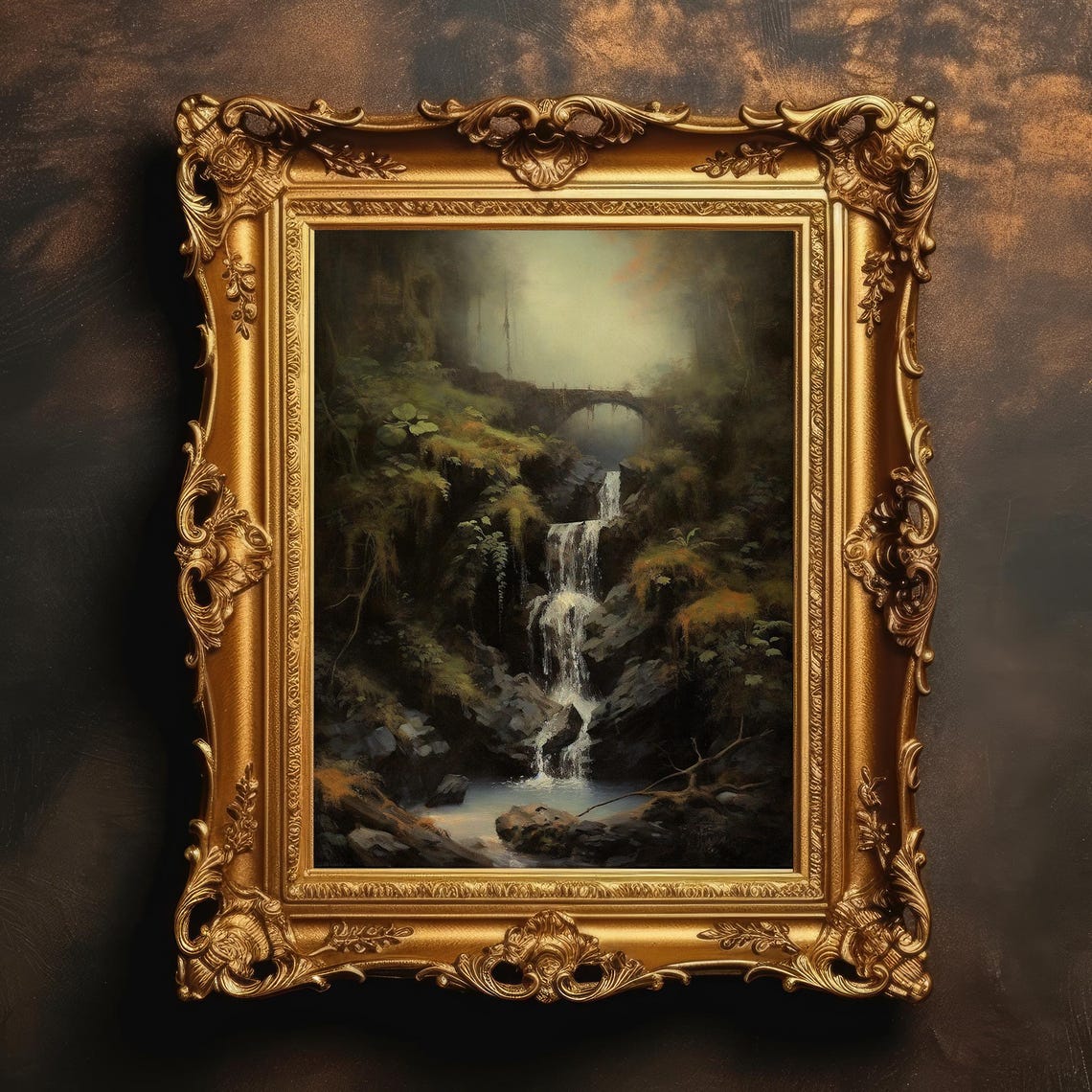 Forest Waterfall Stone Bridge Moody Vintage Landscape Art Print