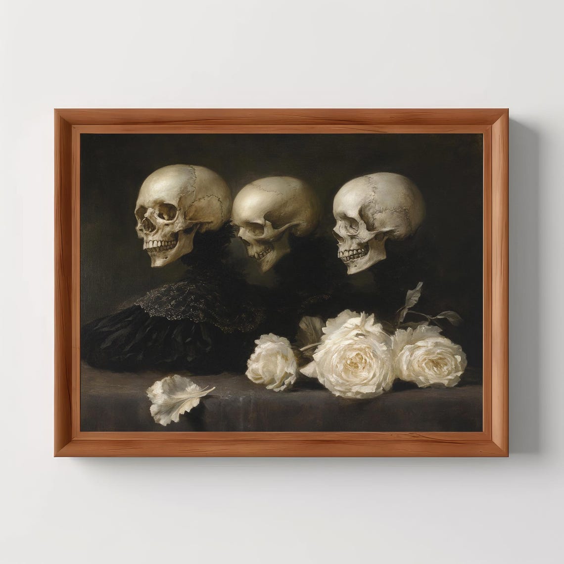 Three Skulls And White Roses Gothic Dark Still Life Art Poster