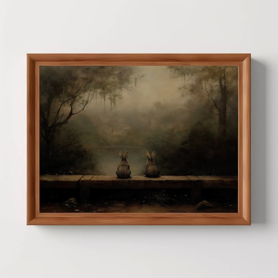 Bunny Pair Vintage Oil Painting, Farmhouse Decor