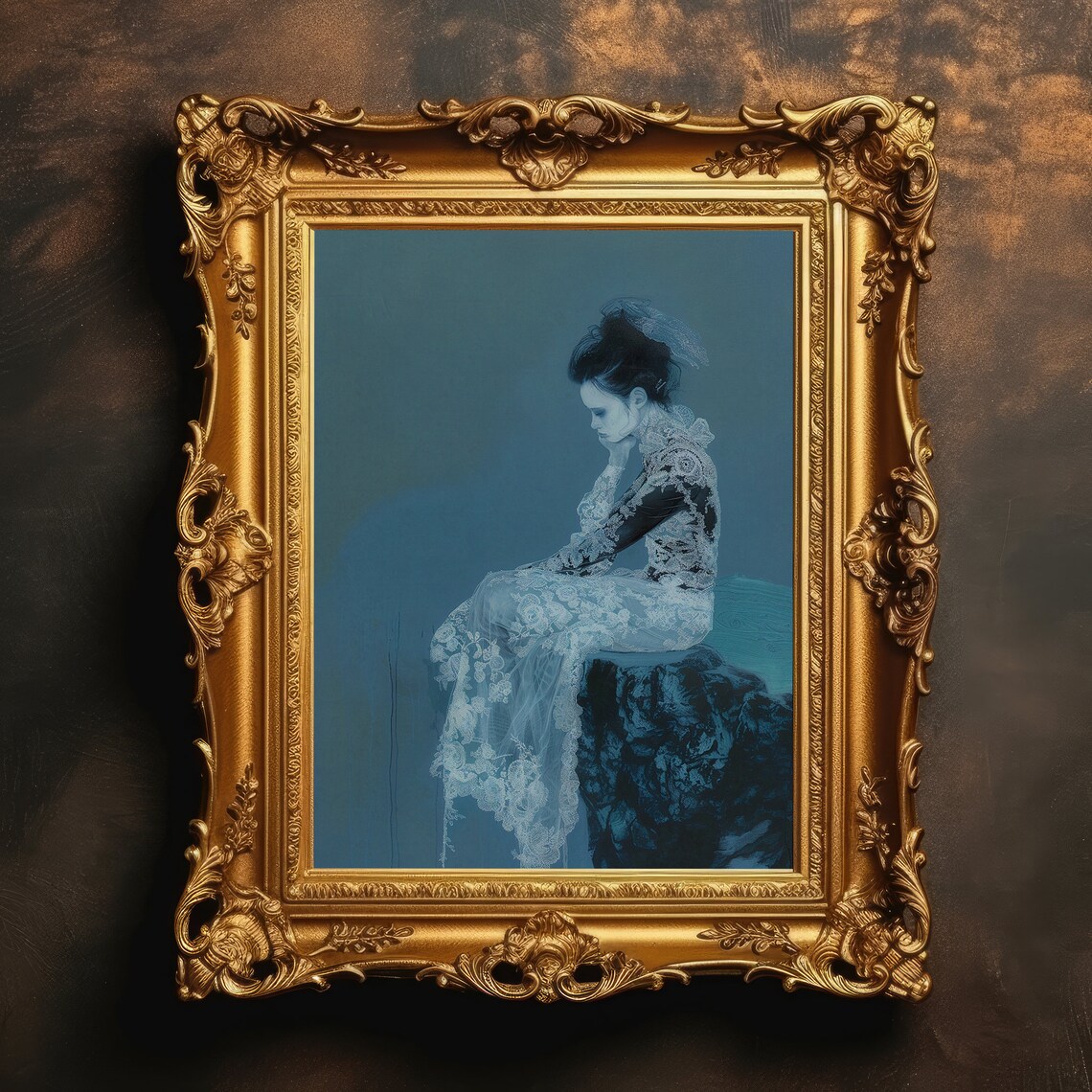 Melancholy Lady In Lace Dress Blue Gothic Dark Academia Art Print