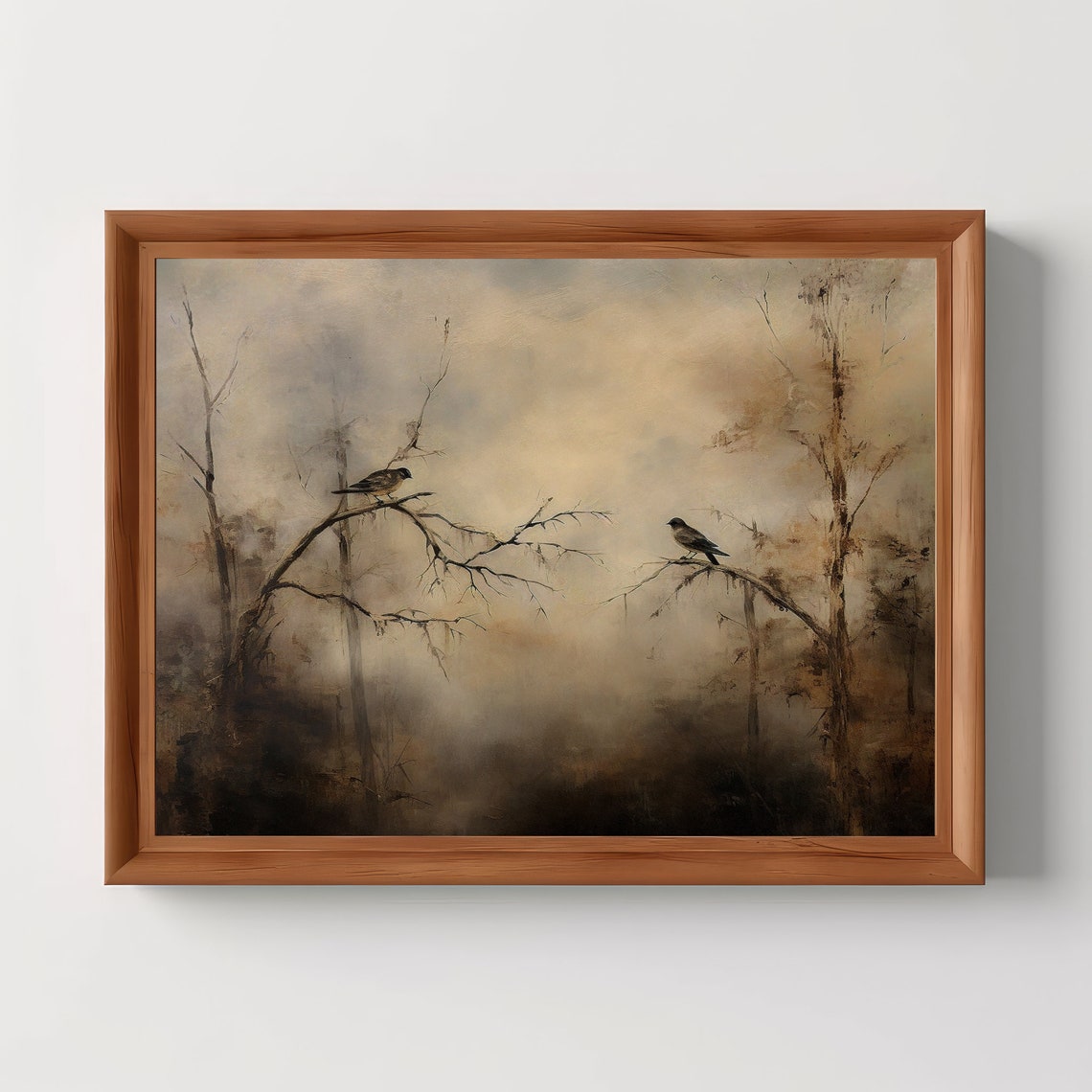 Two Birds on Bare Branches Misty Forest Vintage Moody Farmhouse Poster