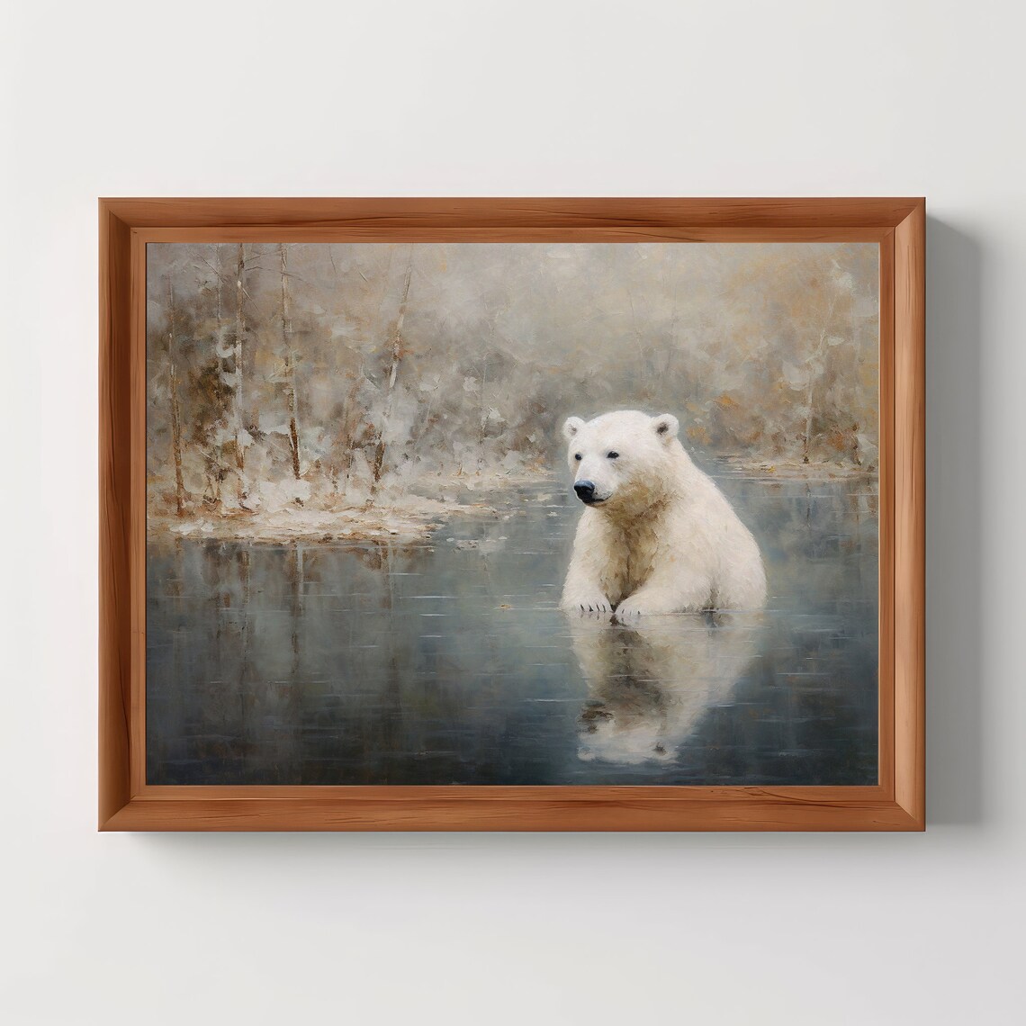 Polar Bear in Pond Vintage Oil Painting Art Print
