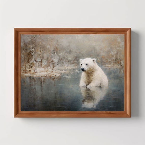 Polar Bear in Pond Vintage Oil Painting Art Print