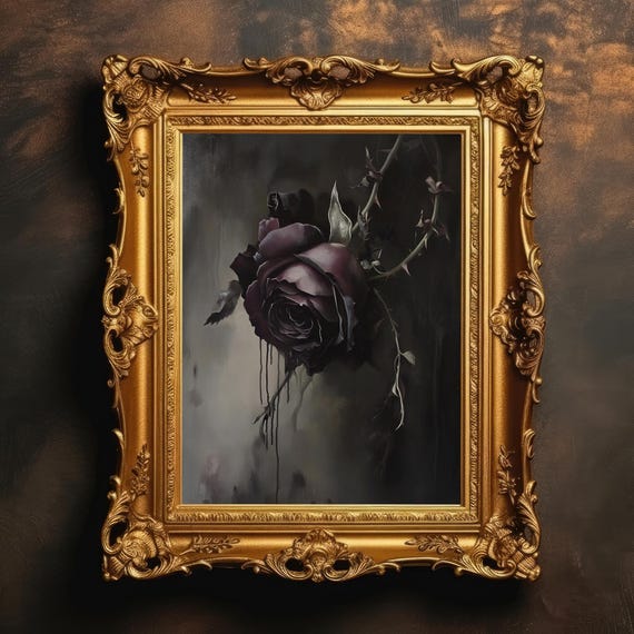Dark Gothic Rose Painting Moody Floral Still Life Vintage Botanical Wall Art Academia