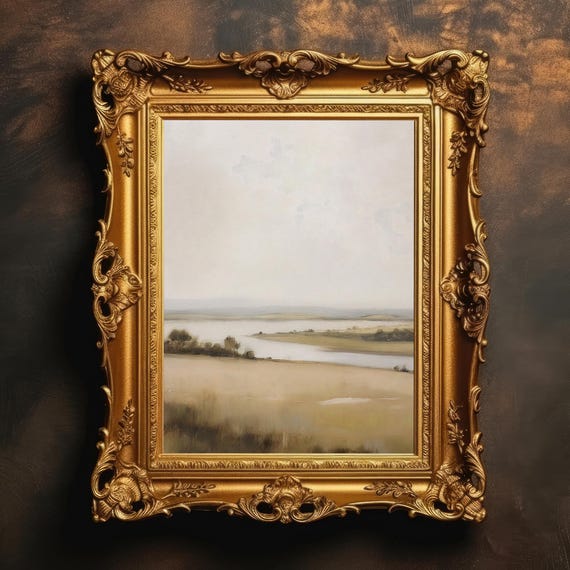 Tranquil Marshland Muted Green Tonal Landscape Vintage Painting Coastal Wall Art Moody Print