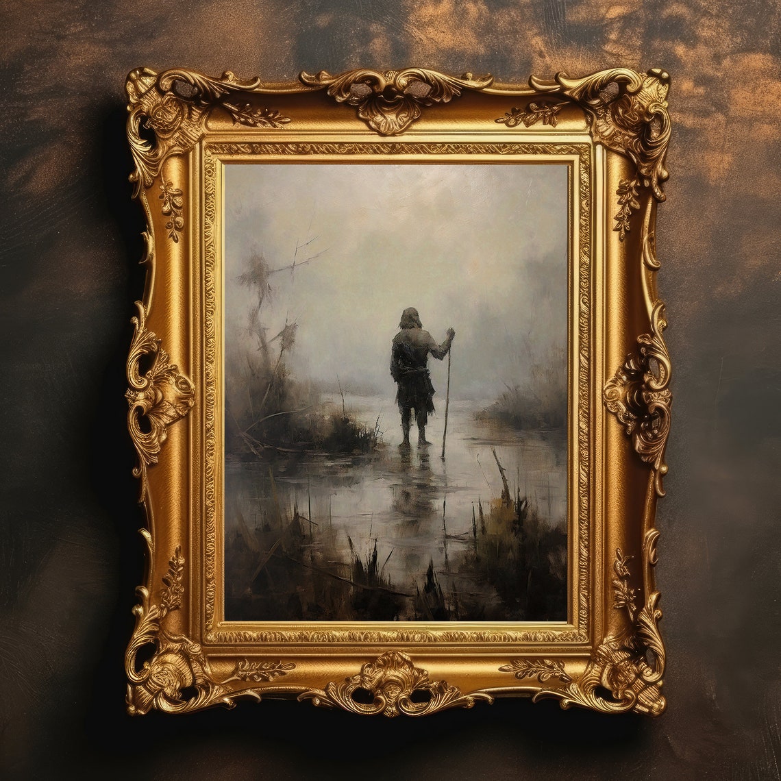 Lone Wanderer With A Staff Crossing A Misty Marsh Gothic Oil Poster