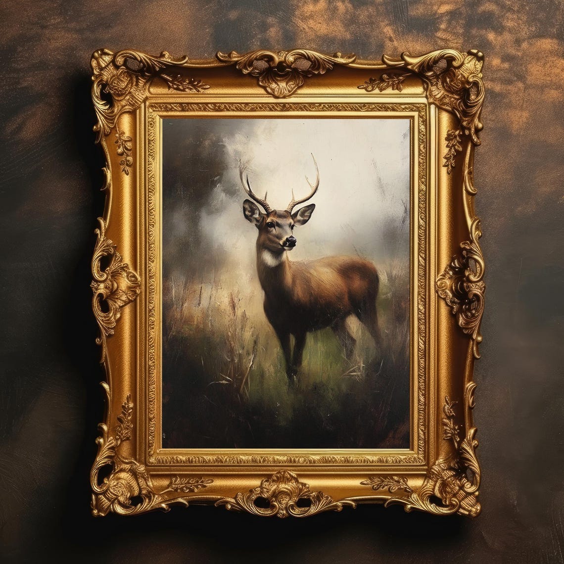 Majestic Stag in Misty Meadow Vintage Oil Painting Gold Frame Poster
