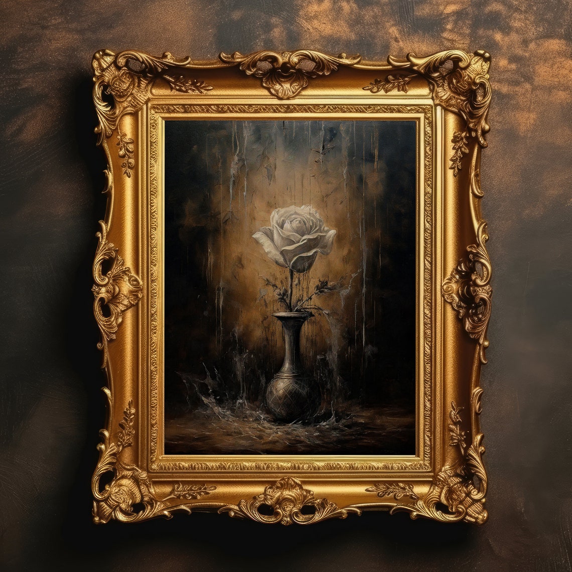 Single White Rose Dark Moody Vintage Floral Still Life Poster
