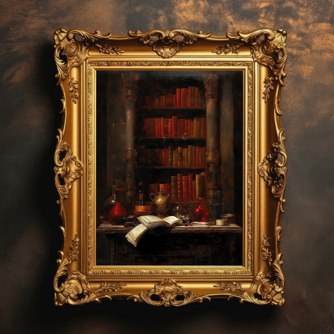 Antique Library Bookshelf Dark Academia Oil Painting Wall Print