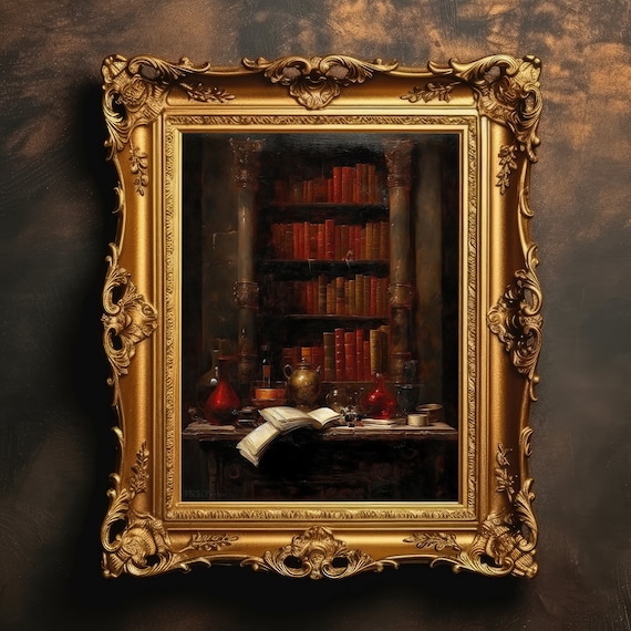 Antique Library Bookshelf Dark Academia Oil Painting Wall Print