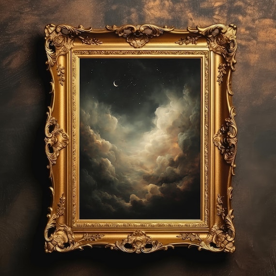 Crescent Moon Cloudy Night Sky Gothic Dark Academia Art Poster