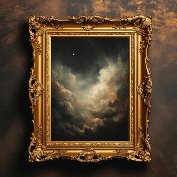 Crescent Moon Night Sky Dark Academia Celestial Moody Cloud Oil Painting Style Gothic Starry Wall Art