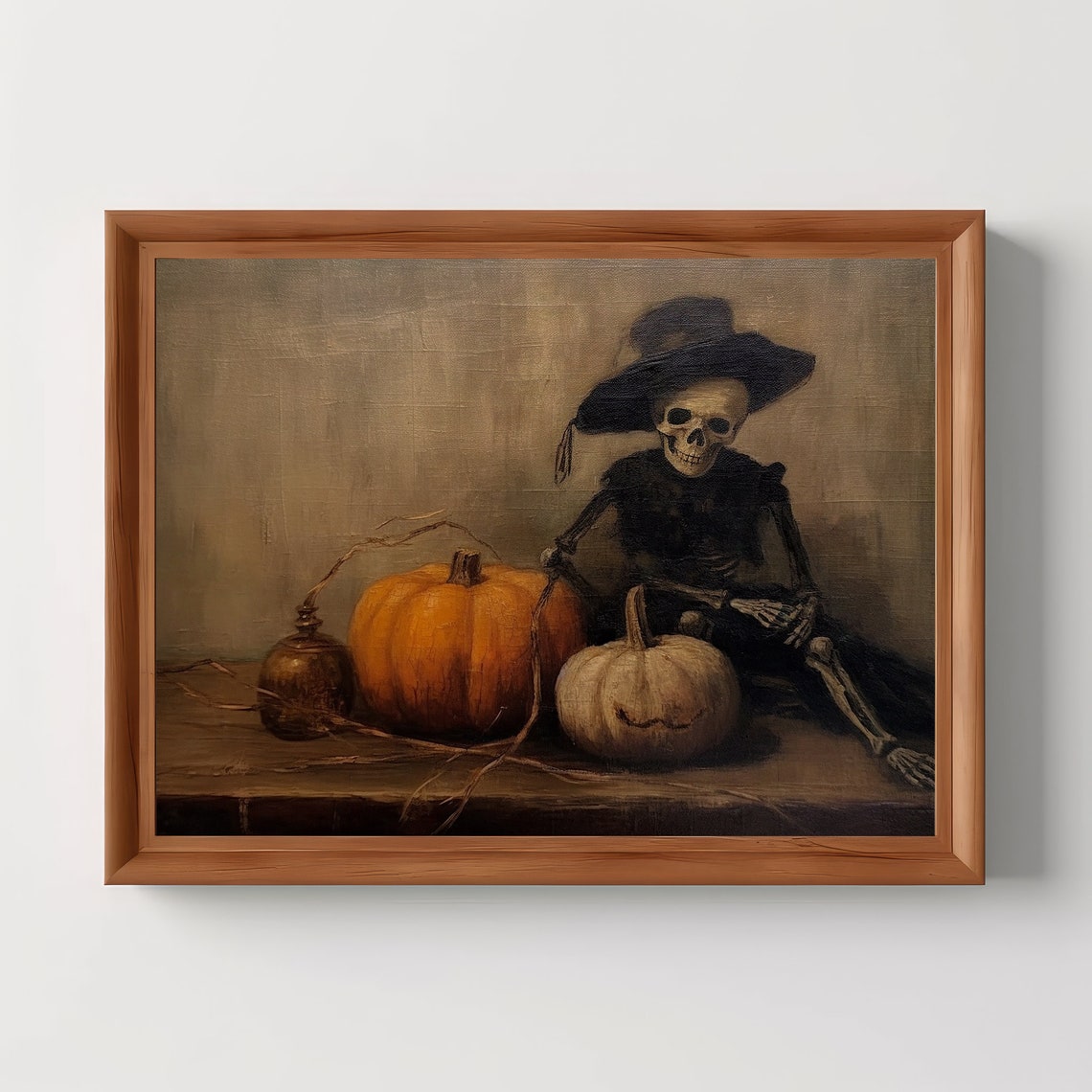 Skeleton Pumpkins Halloween Decor Fall Wall Art Moody Vintage Antique Oil Painting Dark Academia