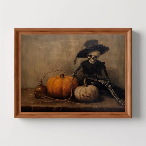 Skeleton Pumpkins Halloween Decor Fall Wall Art Moody Vintage Antique Oil Painting Dark Academia
