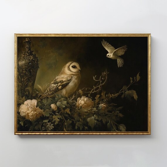 Owl And Flowers Dark Academia Moody Still Life Decor Art Poster