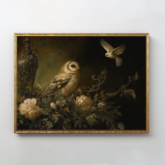 Owl Bird Garden Art Vintage Oil Painting Dark Academia Gothic Romanticism Moody Wall Still Life Decor