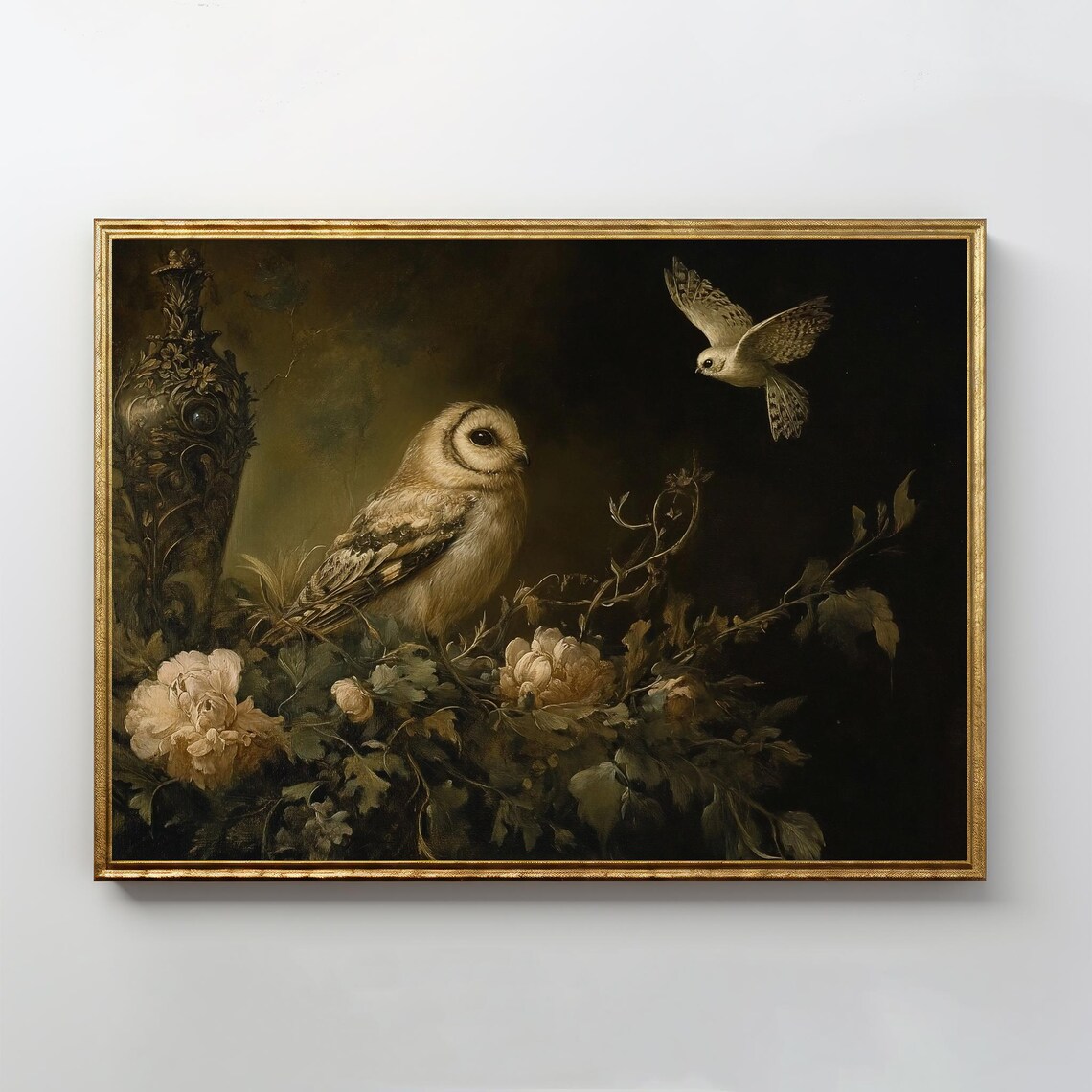 Owl And Flowers Dark Academia Moody Still Life Decor Art Poster