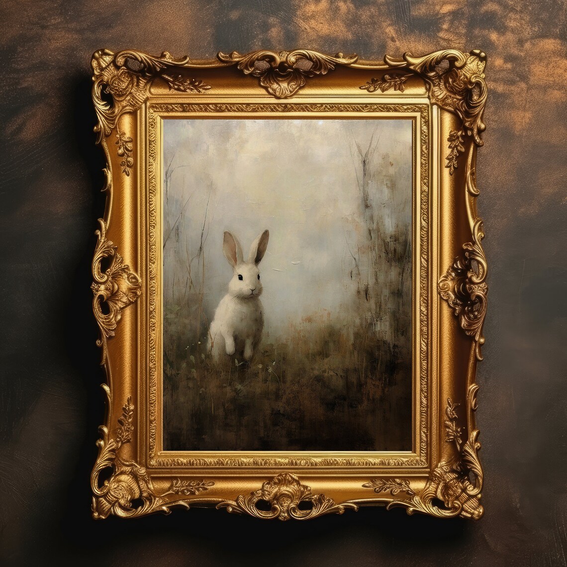 White Bunny Dark Academia Grassland Landscape Art Print