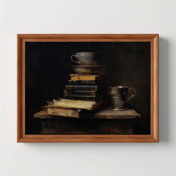 Books And Cups Dark Moody Still Life Art Print