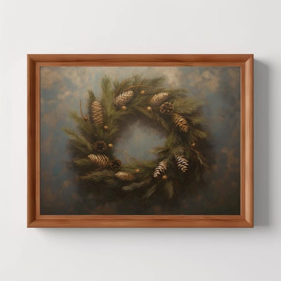 Christmas Wreath Vintage Oil Painting Xmas Decor Moody Wall Art Winter Print