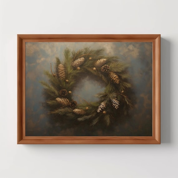 Pinecone Christmas Wreath Vintage Moody Rustic Oil Painting Poster