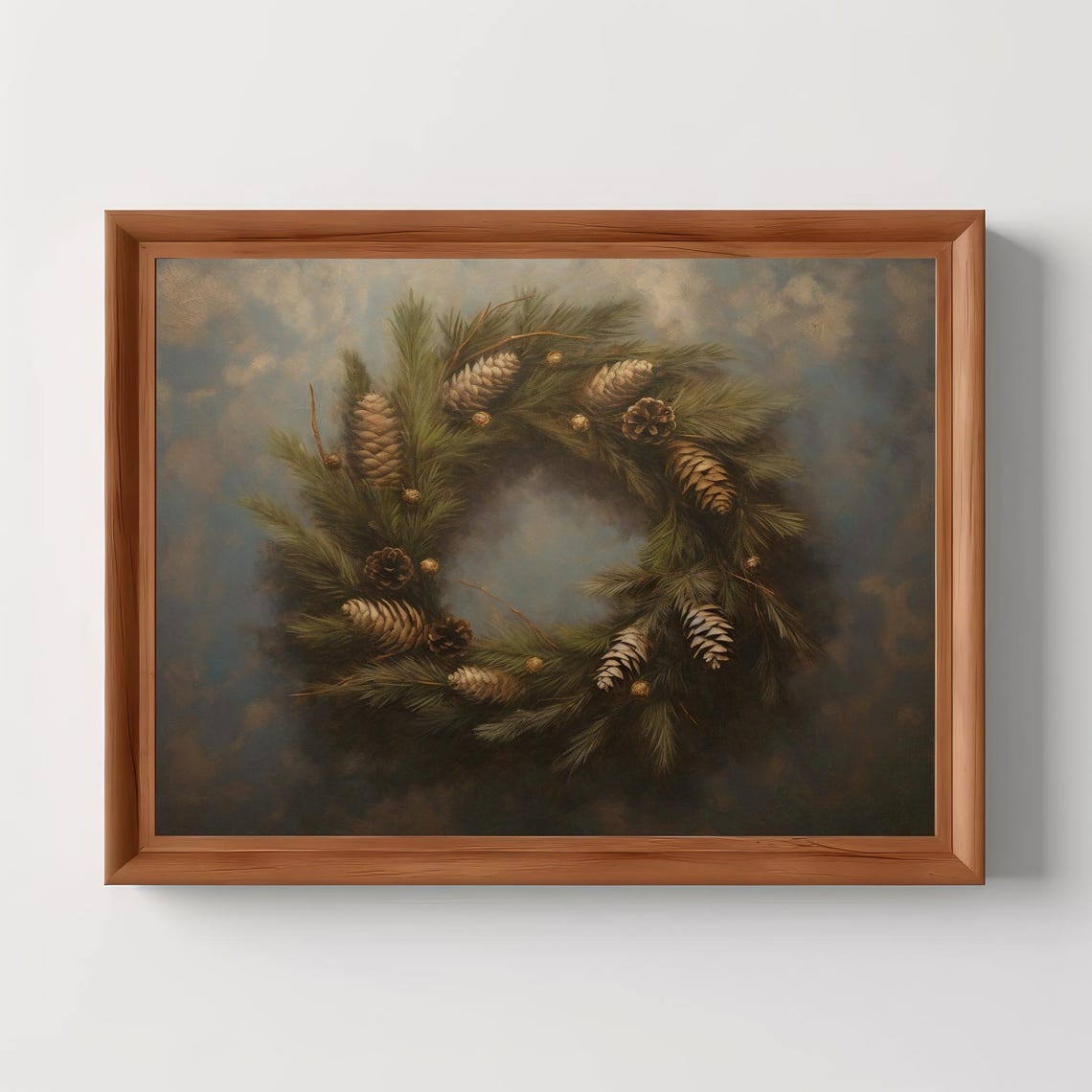 Pinecone Christmas Wreath Vintage Moody Rustic Oil Painting Poster