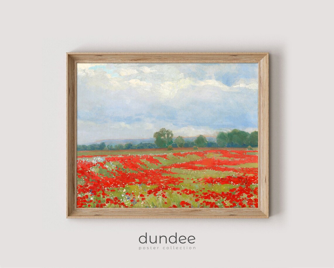 Red Poppy Field Blue Sky Impressionist Landscape Painting Poster