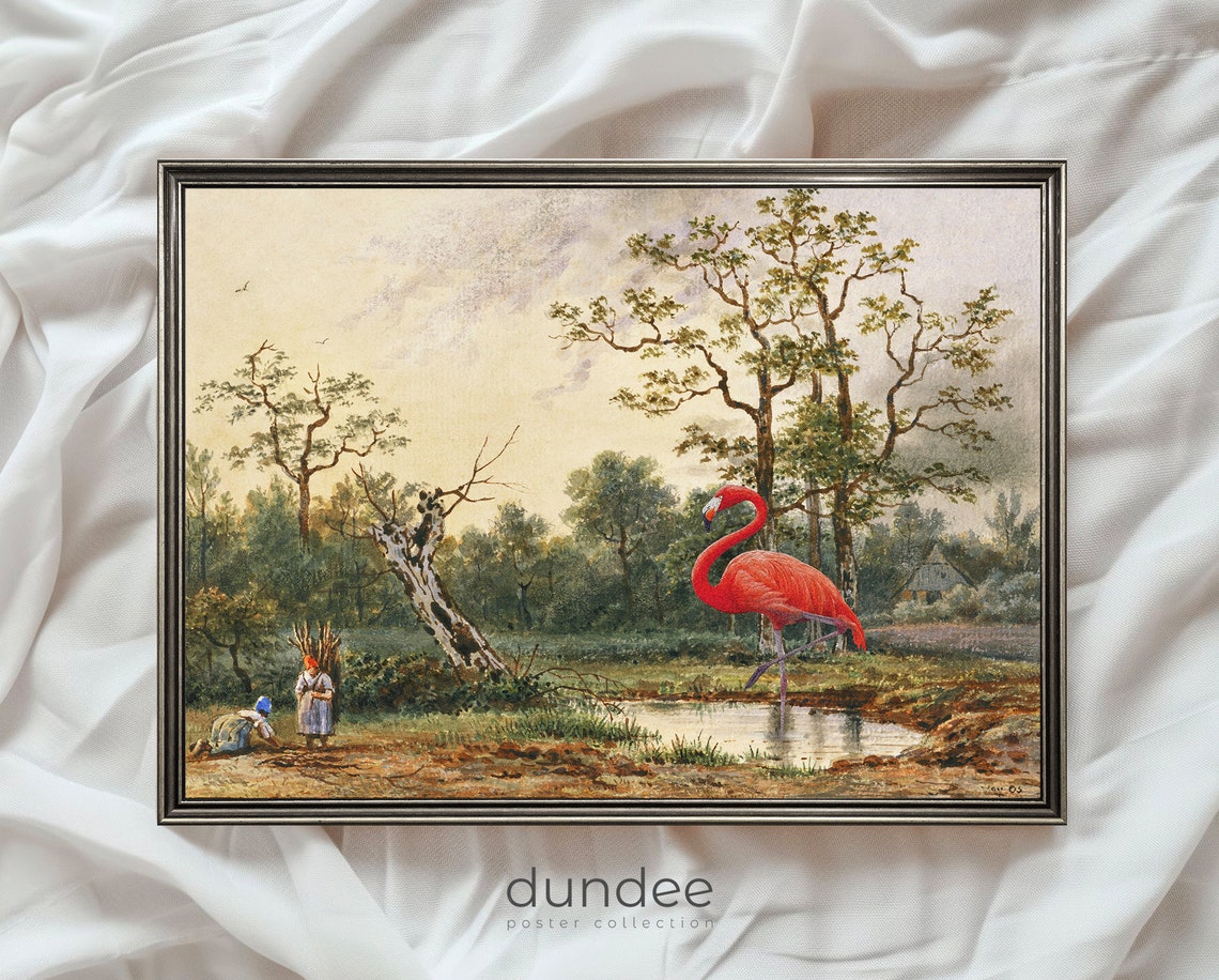 Red Flamingo Pond Vintage Landscape Whimsical Surreal Collage Poster