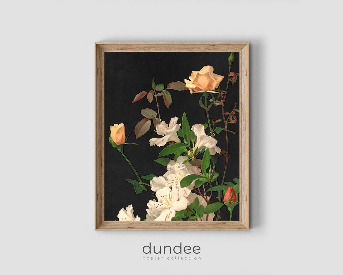 Roses White Lilies Dark Background Vintage Botanical Floral Poster