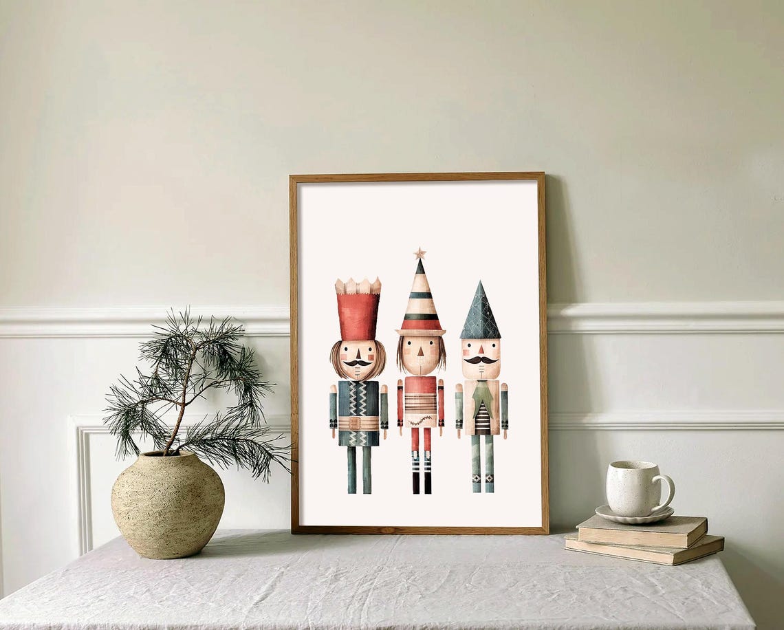 Trio of Watercolor Christmas Nutcrackers Scandinavian Poster - Image 2