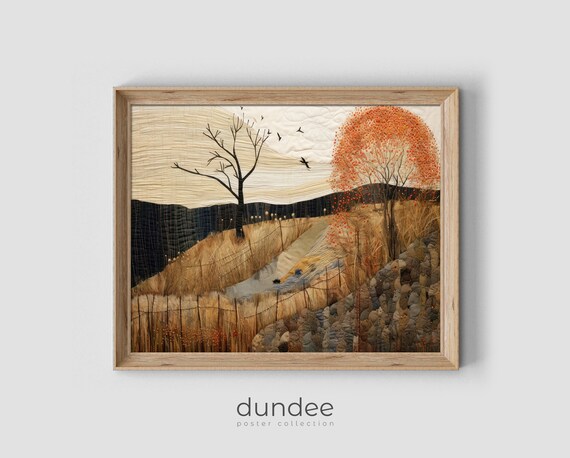 Autumn Countryside Stream with Bare Trees Textile Style Poster