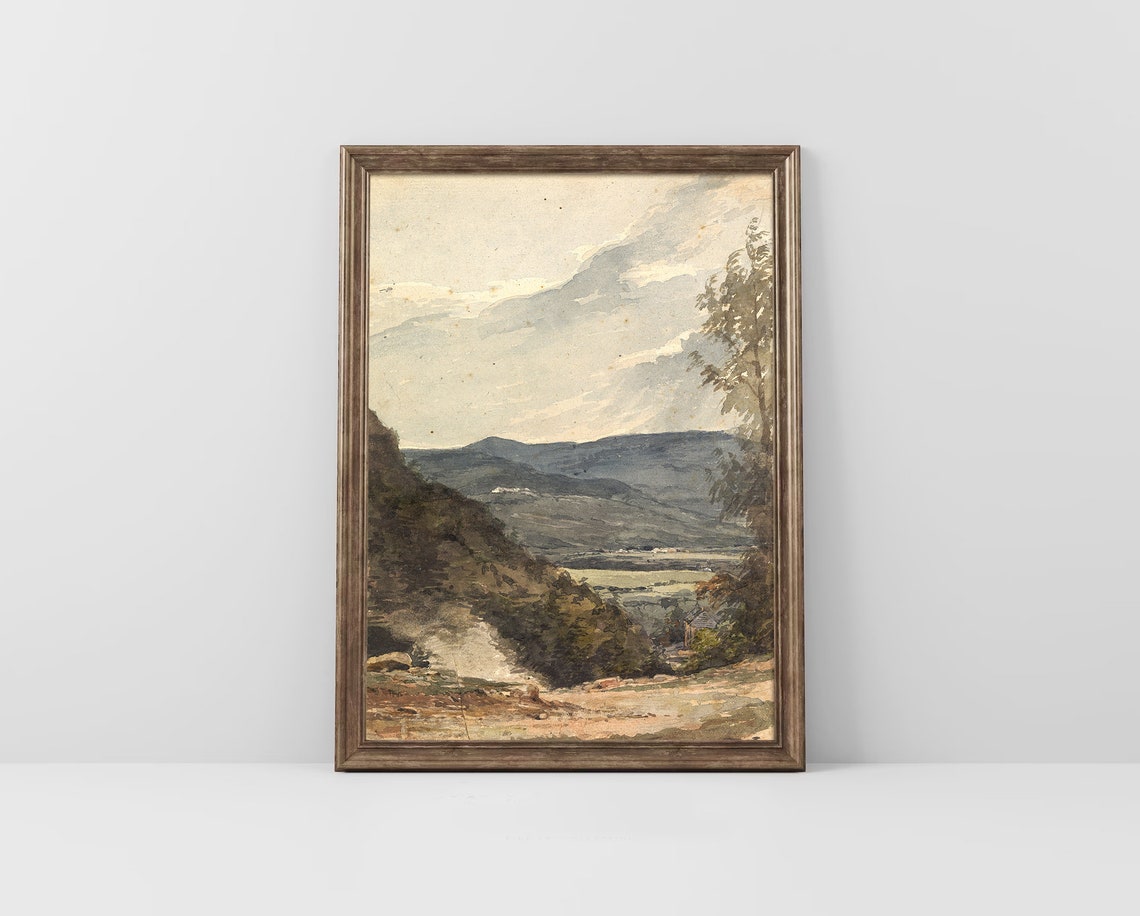 Mountain Valley View Antique Watercolor Soft Sky Landscape Poster - Image 2