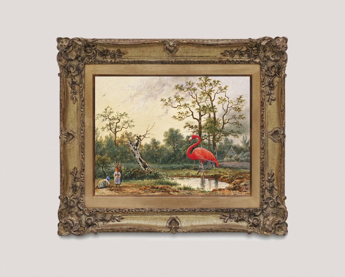 Red Flamingo Pond Vintage Landscape Whimsical Surreal Collage Poster - Image 2