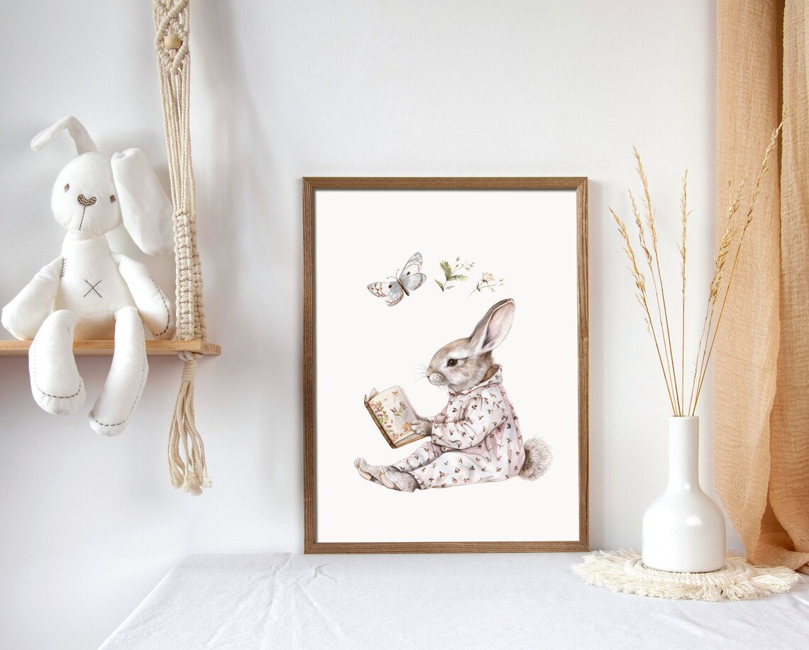 Bunny Reading Book Floral Pajamas Cute Nursery Animal Poster - Image 3