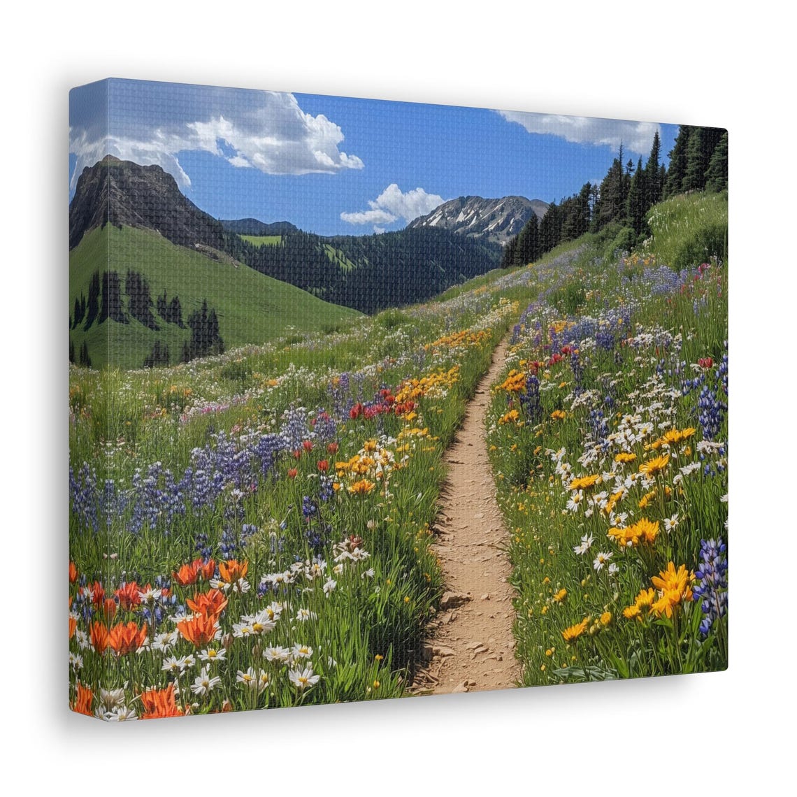 Bright Summer Alpine Wildflower Path Rocky Peak Valley View Print - Image 2