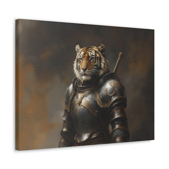 Tiger Knight Full Medieval Plate Armor Bold Front Facing Big Cat Poster
