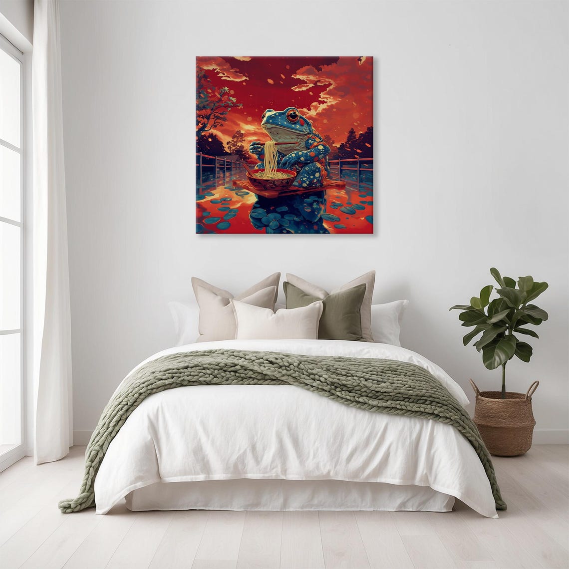 Blue Toad Ramen Boat Sunset Lily Pond Whimsical Animal Art Poster
