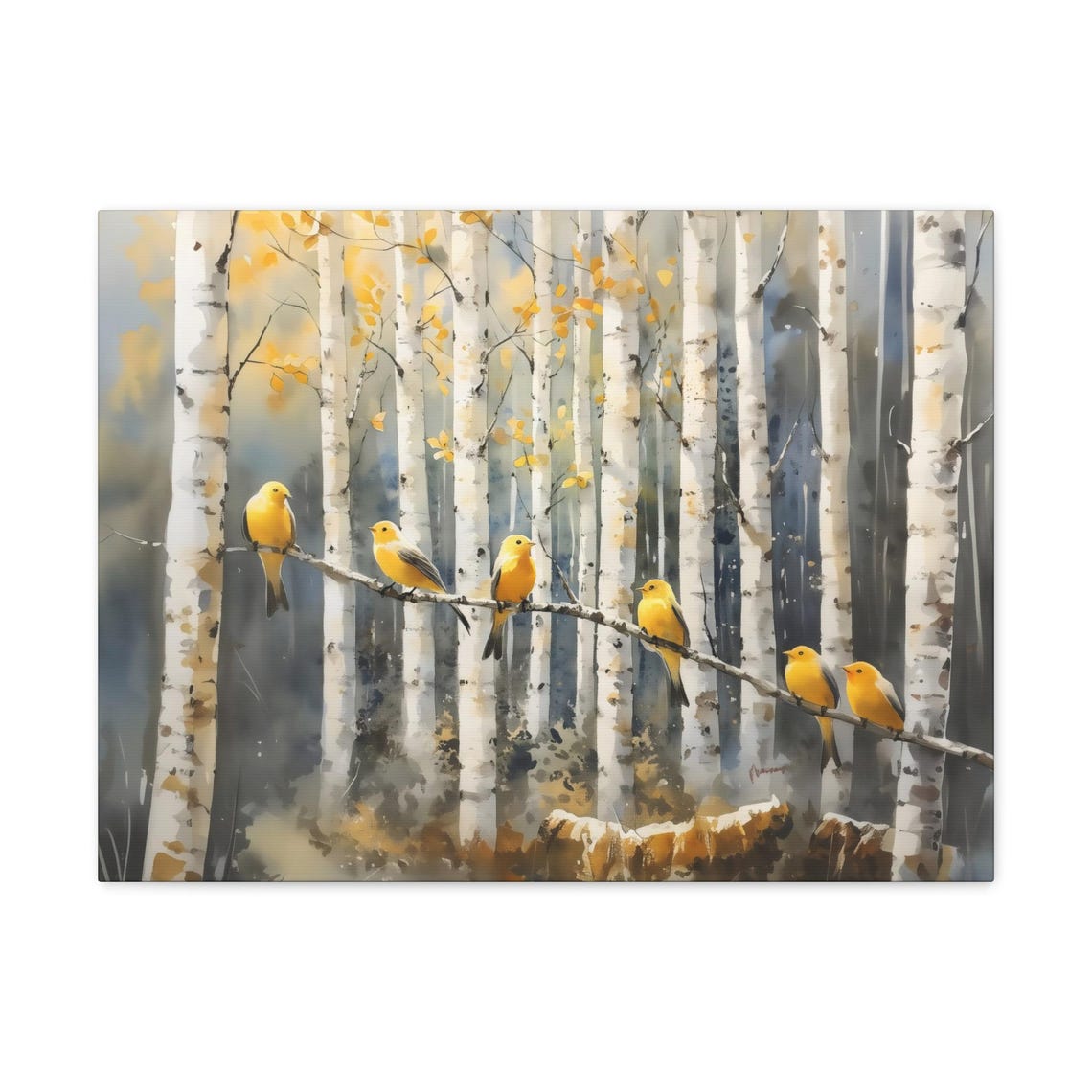 Six Bright Yellow Birds On A Branch Among White Aspen Trees Poster - Image 3