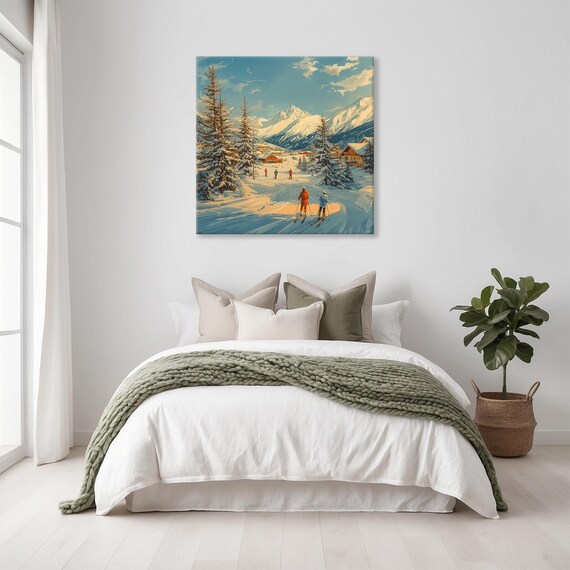Vintage Alpine Ski Village Scene With Snowy Mountain Peaks Wall Art